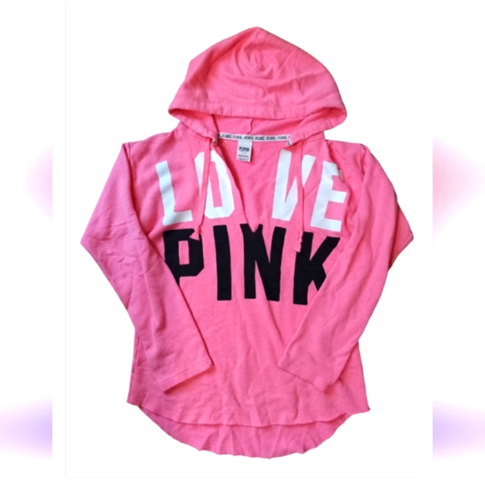 PINK VS Lightweight Pullover Hooded Sweatshirt Neon Pink, Blk & White